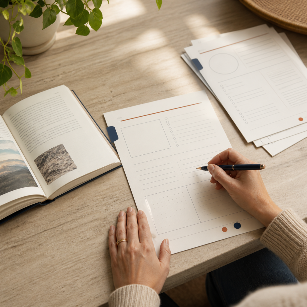 Reader using a printable worksheet beside an open book